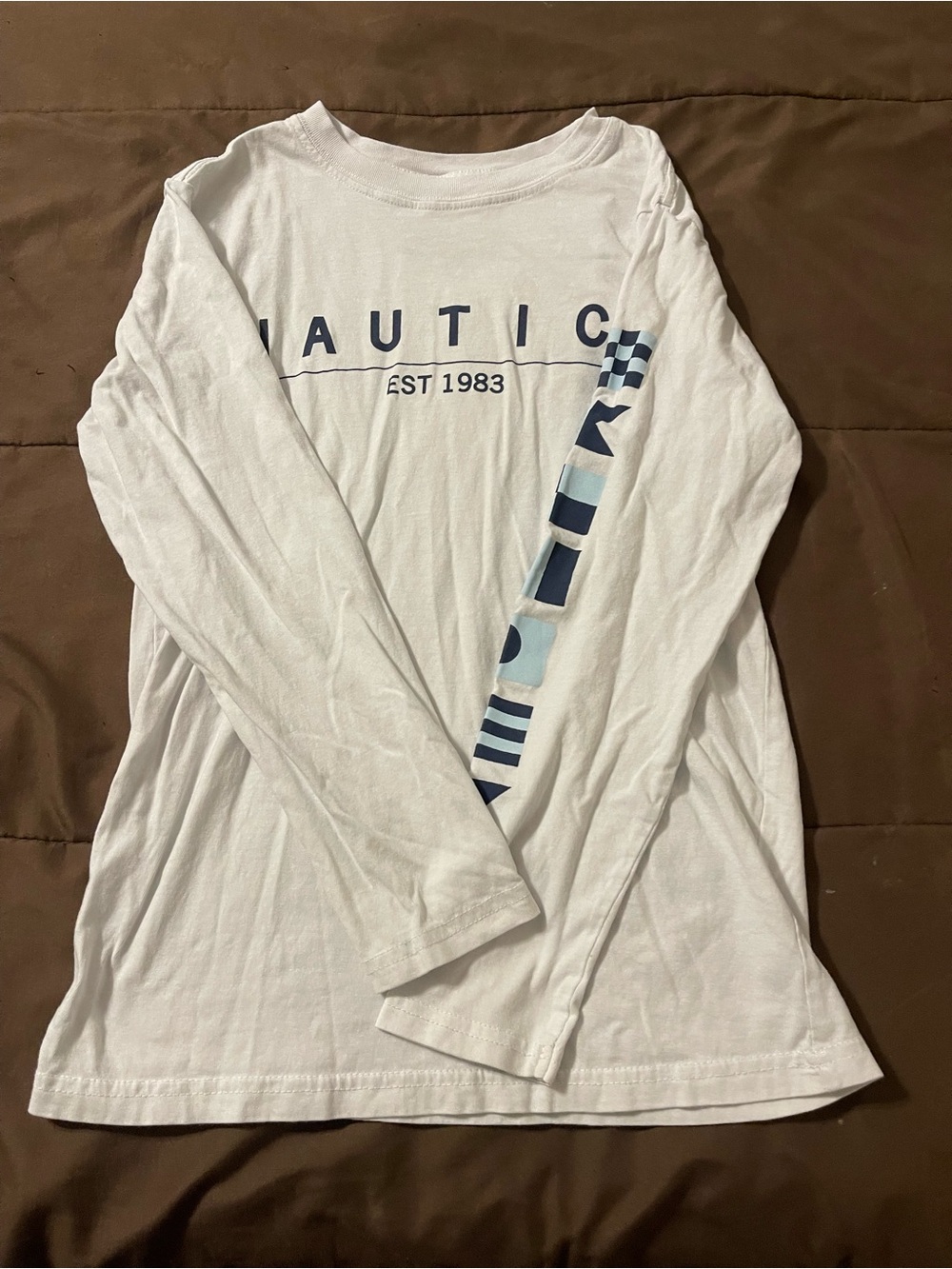 Boys Nautica White Long-Sleeve Shirt with Navy Logo and Stripe Sleeve